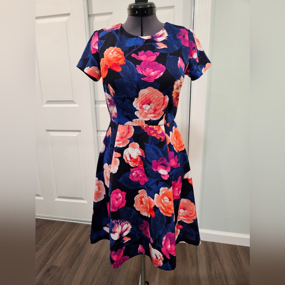 Eliza J Pink Floral Navy Scuba Dress size 2P